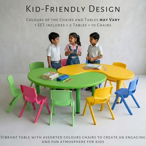 Image of eHomeKart Kids Half-Moon Table Set of 2 with 10 Chairs - Front Round Shape, Perfect for Home Use (53 x 20 x 20 inches) for Kids with Set of 10 Chairs- Perfect Fort Home