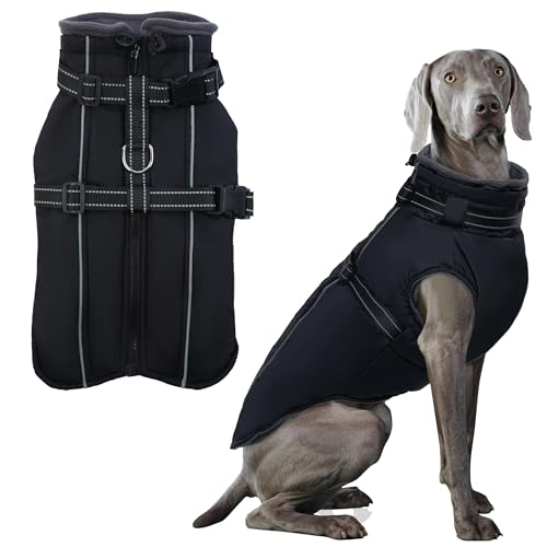 PUMYPOREITY Dog Coats for Large Dogs, Warm Winter Jacket with Built-in Harness, Reflective, Waterproof, Fleece Lined, Labrador, Black, XL
