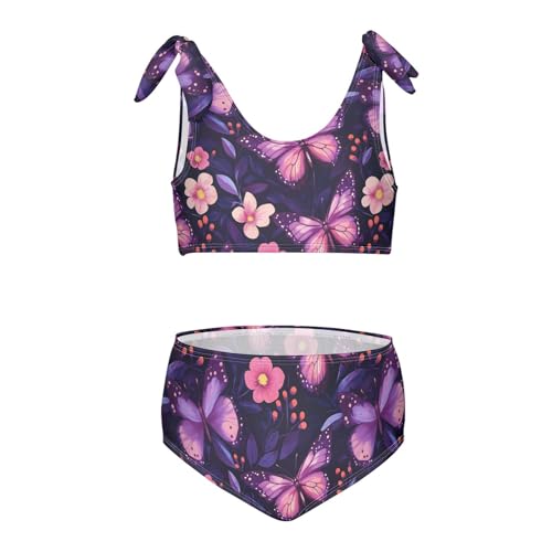 Wusikd Purple Butterflies Girls Swimsuits Two Piece Pink Flowers Swimwear Bikini Set for for Girls Size 3T