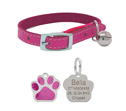 JK Leather Cat Collar, Safety Elastic Bell & Engraved Glitter Tag (Pink)