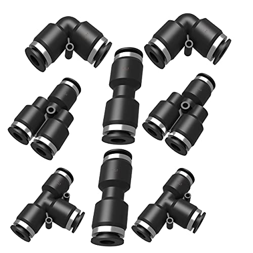 Utah Pneumatic Push to Connect air Fittings kit 3/8 2 90 Degrees Push Connect Elbow 2 Push Connect tee 2 Push Lock Fittings y 2 Push Connect Straight(3/8 Black Combo)