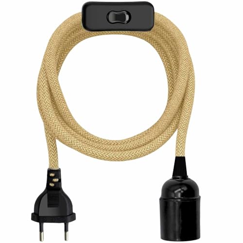 Portalámpara E27 con Interruptor, Adaptador de lámpara E27, Base para Bombilla, Enchufe + Interruptor ON/Off, Cable 1.50 Metros, Casquillo e27, Diseño Vintage, máx. 60W, Trenzado, Beige