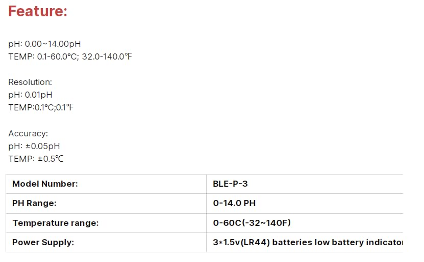 VIHELM BLE-P-3 pH Meter feature specifications table
