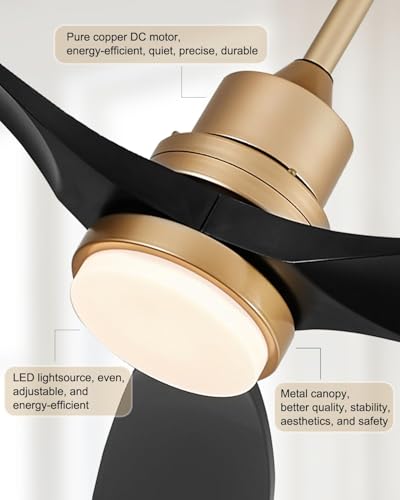 Image of 52 inch Modern Black and Gold Ceiling Fan with Lights and Remote, ETL Listed, 3 Downrods, 3 Wood Blade Gold Black Ceiling Fans, Reversible Quiet DC Motor, 3 Timer for Outdoor Patio Bedroom,52in,Black Gold