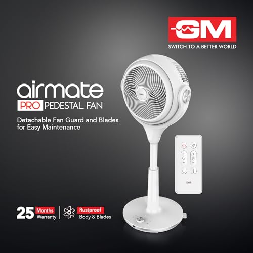 Image of GM Airmate Pro Pedestal Fan with Remote | White| 230mm Sweep | BLDC Motor | 3D Oscillation | 30-Speed Control | Silent Operation | Timer | Adjustable Height | Powerful Cooling Fan