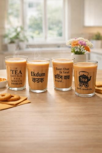 Image of Tea Glass Set with Metal Stand | Set of 4 Cutting Chai Glasses 120ml | Designer Steel Holder Tray for Tea Coffee Serving | Home Kitchen Cafe Use (Silver)