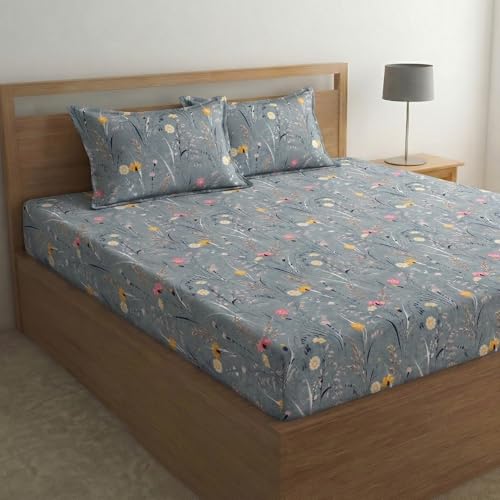 Image of Home Sizzler Microfibre Delicate Floral Printed All-Around Elastic Fitted King Size Bedsheet (72 X 78) with 2 Pillow Covers - Grey /Blue