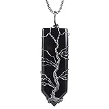 Nupuyai Tree of Life Wire Wrapped Crystal Point Stone Pendant Necklace for Women Men, Black Obsidian