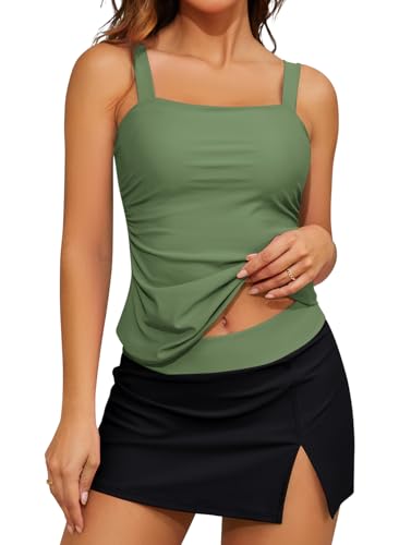 SHEKINI Women Tankini Set Ruched Tummy Control Slimming Two Piece Tankini Top with Skirt Swimsuit Retro Bathing Suit