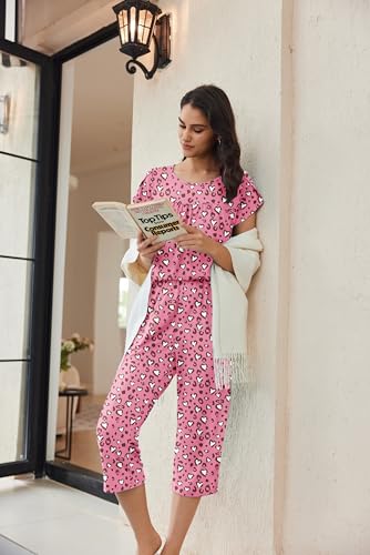 Image of Ekouaer Women's Capri Pajama Set Short Sleeve Mumu Pjs Pleated Top Capri Pants with Pockets Sleepwear Lounge Set