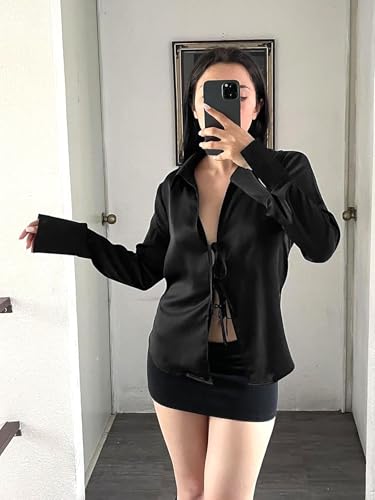 Cicy Bell Womens Sexy Tie Front Satin Shirts Deep V Neck Silk Club Tops Long Sleeve Y2k Going Out Blouse4