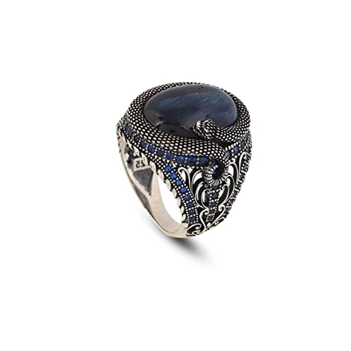 Jewellery Pit - Bague en Pierre Précieuse pour Hommes - Œil de Tigre Bleu, Anneau de Serpent en Argent Sterling 925, Avec Cadeau Chiffon de Nettoyage en Argent (73)