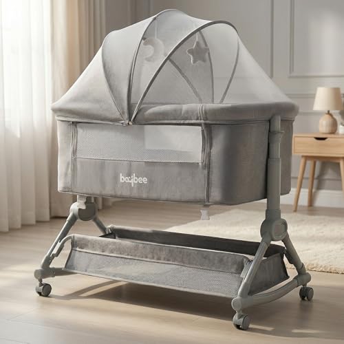 Image of BAYBEE Premium Bedside Crib for Baby with Rocking | Bassinet for New Born with 4 Height Adjustable & Recline | Baby Cot with Mosquito Net & Storage Box | Bedside Cribs & Cots for 0 to 2 Years (Grey)