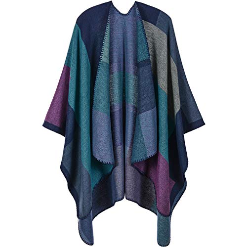 Lifetooler Poncho de mujer Chaqueta de frente abierto Chaqueta de invierno Dama de capa reversible Impreso de gran tamaño Envolturas a cuadros Tartán Patrón geométrico Mantón (cuadrado-púrpura)