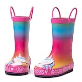 K KomForme Kids Rain Boots Waterproof Printed Rubber boots with Handles, Size 7 Toddler, Unicorn Kisses