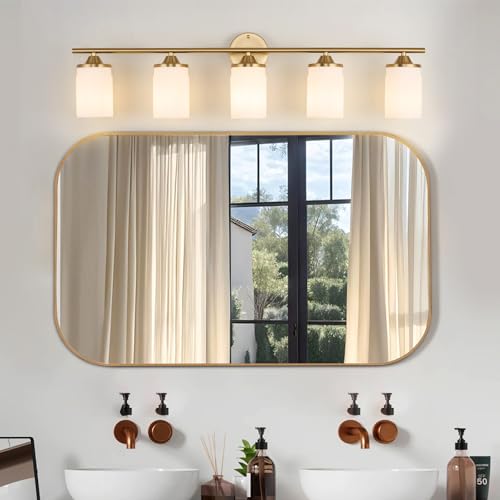 Image of Jonsi Gold Bathroom Light Fixtures 5-Light Vanity Lights Modern Wall Sconce with Milk White Shade Brushed Brass Bathroom Light Fixture Over Mirror for Bedroom Hallway Kitchen