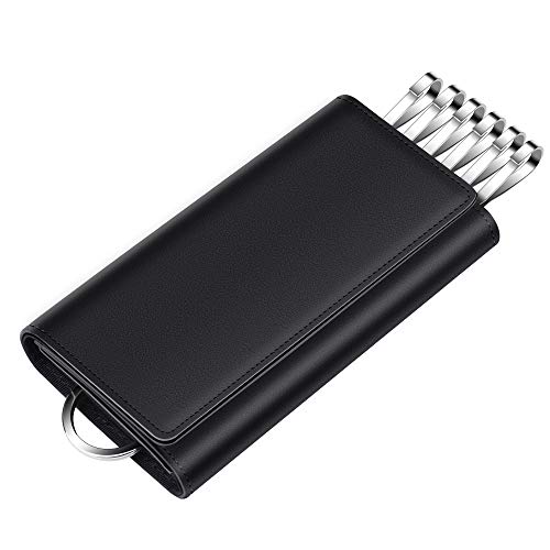 1DOT2 Mini Schlüsseltasche Damen Leder Schlüsseletui klein erweiterbar 2 Fächer 6 Schlüsselhaken abnehmbares Schlüsselring Schlüsselmäppchen Echtleder Nappaleder Bargeld Herren schwarz Cover