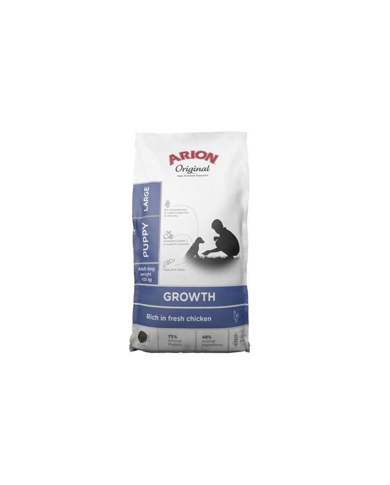 Arion Original Growth Large Pollo Cachorros 12kg – Pienso Sin Gluten para Perros de Raza Grande en Crecimiento – Alta Digestibilidad – Rico en Calcio, Proteínas y Arroz