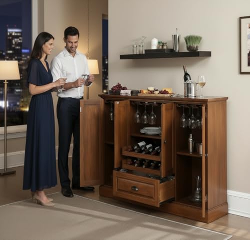 Image of APRODZ Solid Mango Wood Bar Cabinet - Luxury Wooden Wine Cabinet with Glass Storage Rack, Shelves & Doors for Living Room & Dining Area (Walnut)