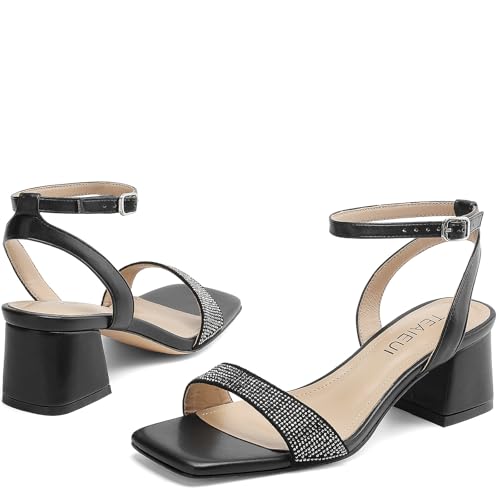 Image of TEAIEUI Block Heels for Women, Square Open Toe Heeled Sandals, Chunky Ankle Strap Shoes for Dress, Party, Prom, Low Heel 2 inch
