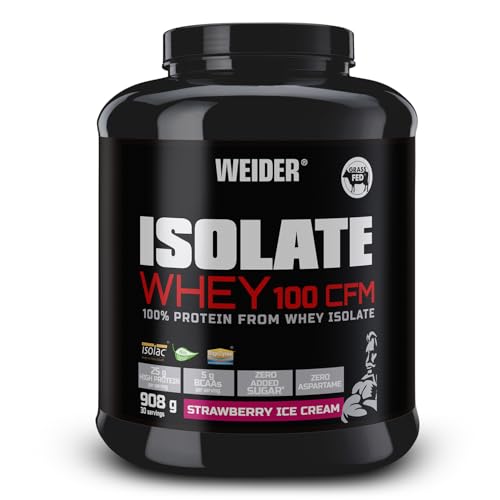 Weider Isolate Whey 100 CFM. Erdbeereis-Geschmack. Proteinpulver mit hochwertiges Molkenproteinisolat. Gut löslich. Bis zu 33g Eiweiß in 1 Portion. Ohne Aspartam. Zuckerarm, 908 g