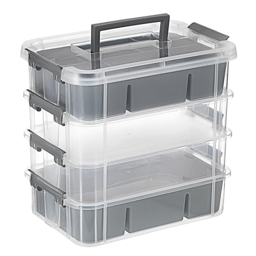 JUXYES 4-Tiers Stack Carry Storage Box With 2 Divided Tray, Transparent Stackable Storage Bin With Handle Lid Latching Storage Container for School & Office Supplies, Gray