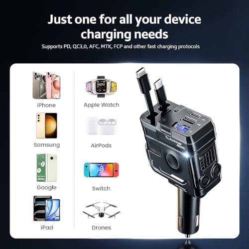 Image of Fire Turtle 100W 4-in-1 Retractable Car Charger, Dual USB Fast Charging Adapter with 31.5-Inch Cables, Compatible with iPhone 15 /14 /13 /12 Pro Max, iPad, Pixel, and Other Devices (Rectabel Charger)