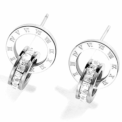 Stainless Steel Roman Numbers Interlocking Circles Cubic Zircon Filled Hoop Cuff Earrings