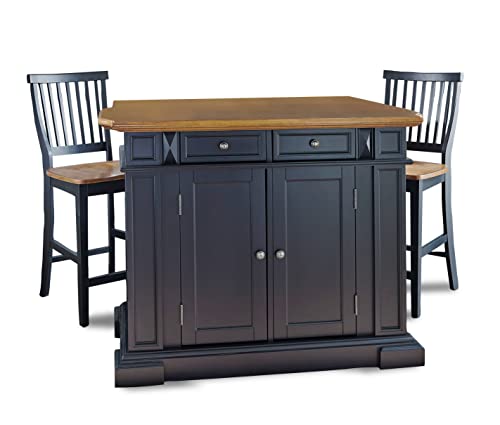 Home Styles Large Kitchen Island Set With Two Matching Stationary Slat Back Stools With Antique Black Finish And Distressed Oak Top, Extendable Breakfast Bar, Open Storage And Shelves And Drawers #TOP25