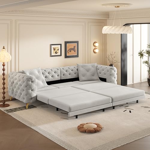 Image of KEIKI 97.7 inch Convertible Sleeper Sofa Bed, 3 in 1 Pull Out Sofa Bed, 4-Seater Button Tufted Couch with Movable Ottoman for Living Room, Bedroom, Apartment, Light Grey