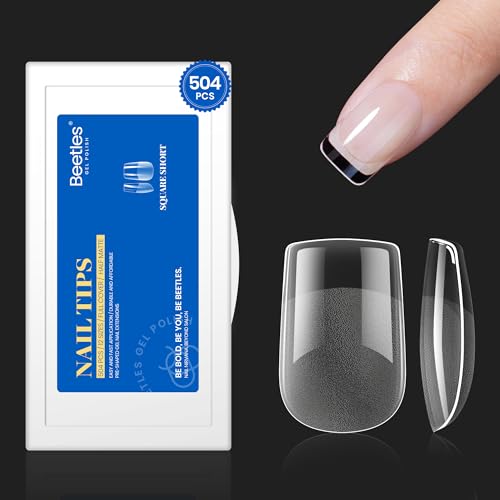 Beetles 504Pcs XS Short Square Nail Tips,12 Sizes Fake Nail Pre Shaped Half Matte Etch X Nail Tips Full Cover False Clear Acrylic Press on Nails for Gel Polish Nail Art Design,Nail Glues Needed