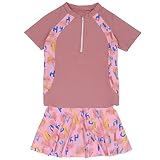 [Teddy] キッズ 水着 女の子 半袖ラッシュガード パンツ一体型スカート 2点セット ハーフジップ kids466 (140cm, ピンク)