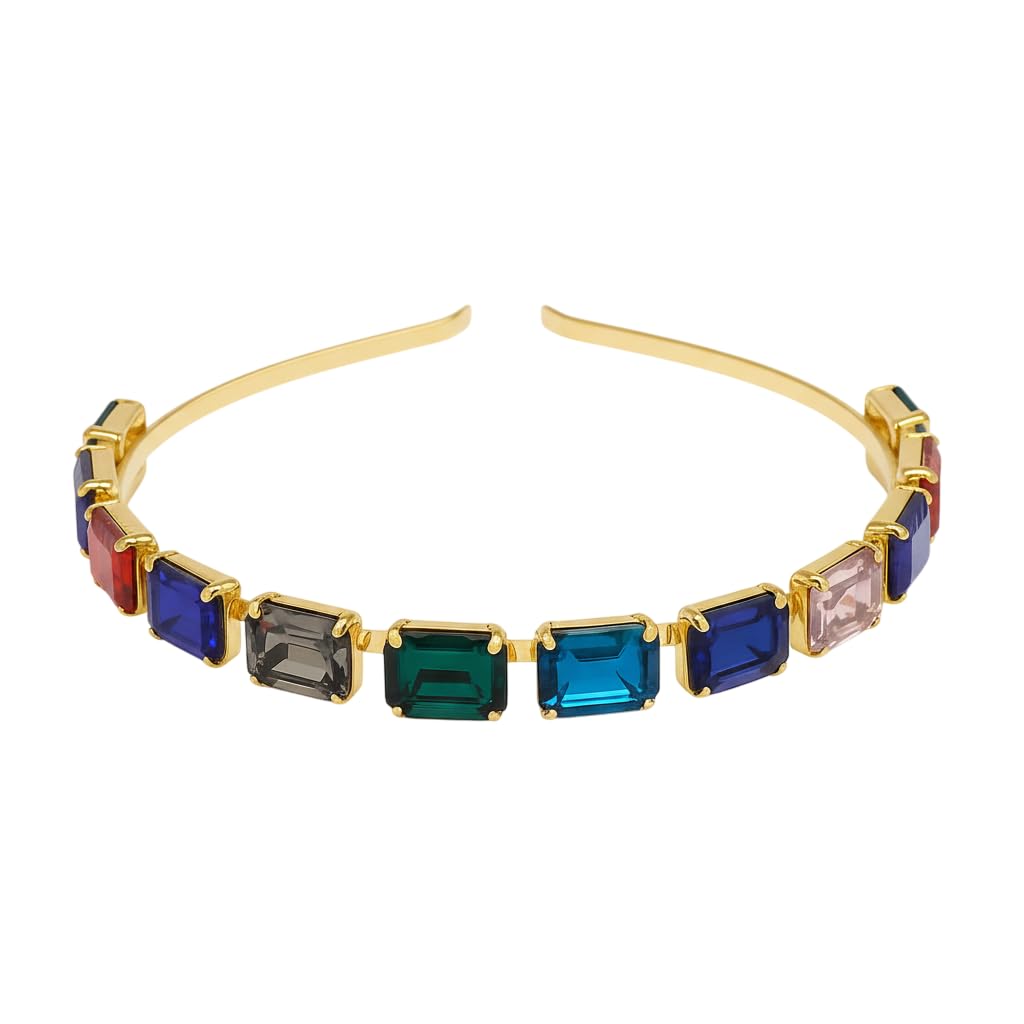 M4SK ART Golden Plated Multicolor Crystal Hairband for Women | Multicolor Stone Studded, Wedding Headband, Bridal Hair Accessory, Prism Rectangle Gem-image-9