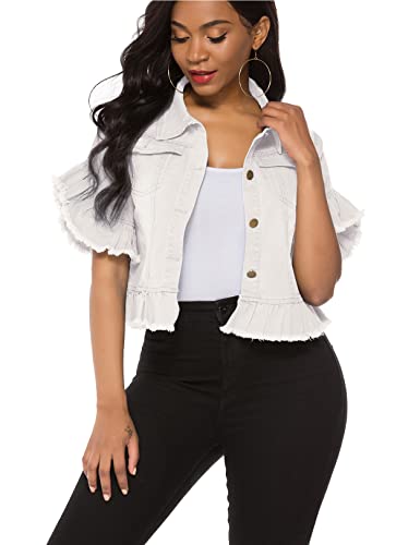Image of Suvimuga Women's Denim Jacket Button Down Distressed Ruffle Sleeve Crop Jean Jackets Coat
