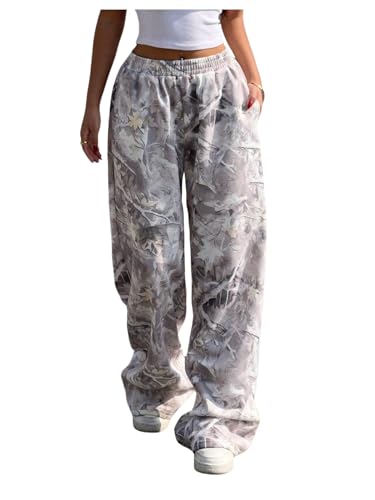 RoseSeek Women's Y2K Camo Maple Leaf Print Sweatpants Baggy Hip Pop Elastic Waist Long Pants Streetwear Multicolor Medium