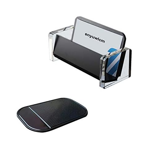 Enyuwlcm Acrylic Desktop Business Card Holder Display for Desk Elegant Business Card Stand for Office Black/Clear with One Non-Slip Mat (Sticky) Cover