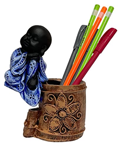 Image of AUGEN Pen Stand Decorative Hand Painted Blue Buddha Design Stationery Holder | Gift Item | Table Top Decor (2045)