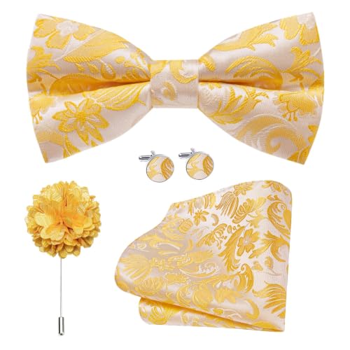 Image of Dubulle Mens Paisley Striped Bowtie Set Pre-tied Bowtie for Men and Pocket Square Set Wedding Business