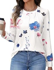 heekpek Magliette Donna Manica Lunga Tshirt Stampata Girocollo Ponchetta a Pieghe Top Donna Elegante Blusa Basic Maglietta Maniche Lunghe Primavera Estiva Autunno, Fiori Bianco, L