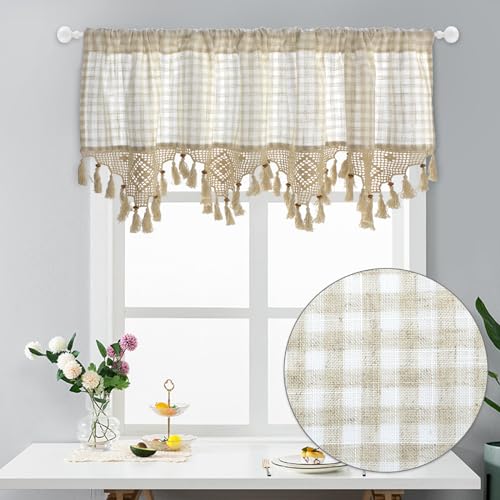 Lattice Window Valance Cotton Linen - Rustic Retro Half Curtain with Crochet Tassels, Handmade, for Kitchen Windows, Bathroom, Living Room, Bedroom, (Beige, H 17 × W 70 Inches), ZHH
