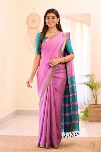 Image of Women's Cotton Woven Soft Sarees With Attach Blouse Piece.