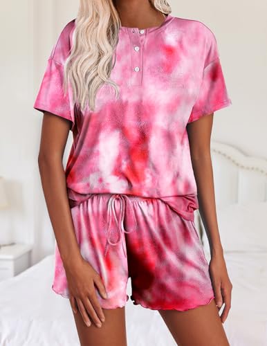 Image of Ekouaer Pajamas Set for Women Short Sleeve Lounge Set 2 Piece Loungewear PJs Soft Cute Lightweight Sleepwear,XX-Large