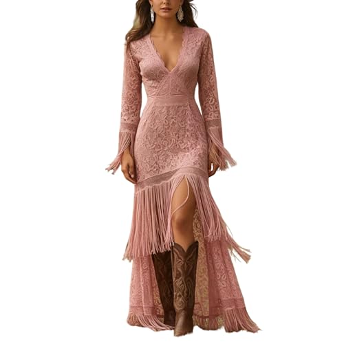 Womens Western Bohemian Style Vintage White Lace V-Neck Long Sleeved Dress with Tassels High Low Hem (Large,Pink)