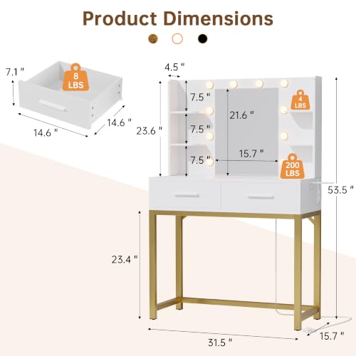 Image of YESHOMY Vanity Desk with Mirror and Lights, Small Makeup Table for Bedroom | Built-in Fast Charging Station, 3-Mode LED Mirror, Large Storage with Drawers & Open shelves