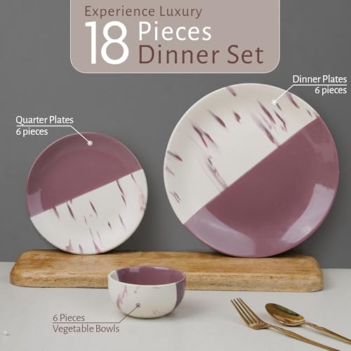 Image of The Earth Store DT Magenta Italian Ceramic Dinner Set of 18 Pieces Serving for 6, Microwave and Dishwasher Safe Plates & Bowls for Dining, Bone-Ash Free Crockery Set for Dining and Gifting