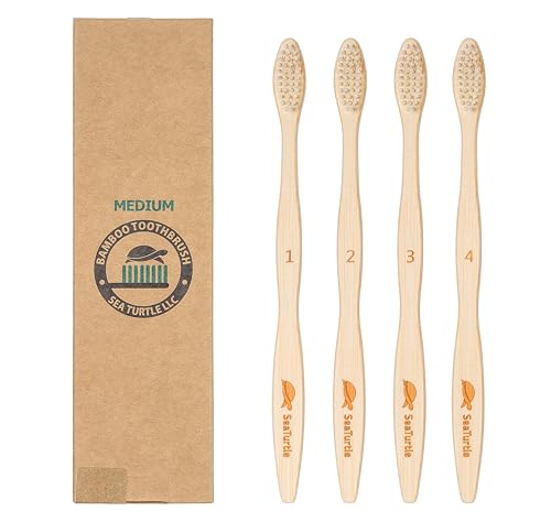 Sea Turtle Plant-Based Bristles Medium Bamboo Toothbrushes Medium Natural Toothbrush for Adults (4 Pack)