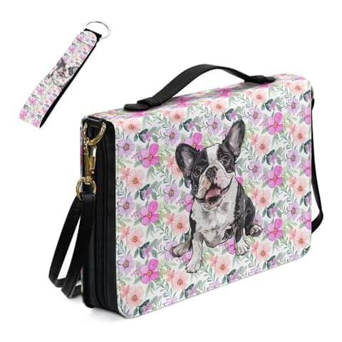 FANCOSAN Bible Cover Case for Girls 8-12 Cute Bulldog Leather Bible Covers with Keychain 2 Piece 8.2x5.3 Strap Style Bible Holder with Handle Portable Bible Carrying Case Cover