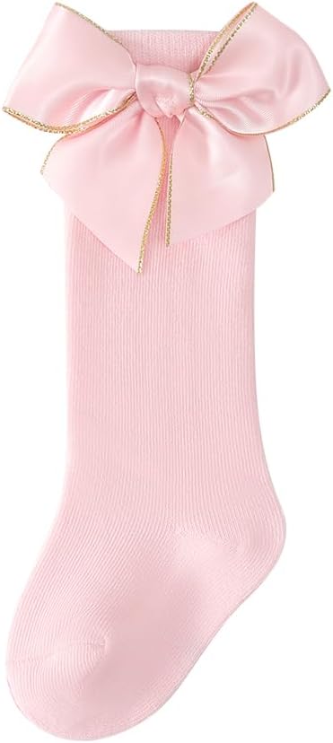 Baby Knee High Socks With Bow Ruffles Toddler Long Socks Polyester Infant Dress Socks 0-6M/6-12M/1-3Y