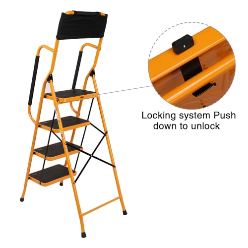 Image of 4 Step Ladder with Handrails Folding Step Stool with Attachable Tool Bag & Anti-Slip Wide Pedal, Ladders for Home Kitchen Pantry Office, 330 lb Sturdy Steel Ladder for Adults Portable, Yellow