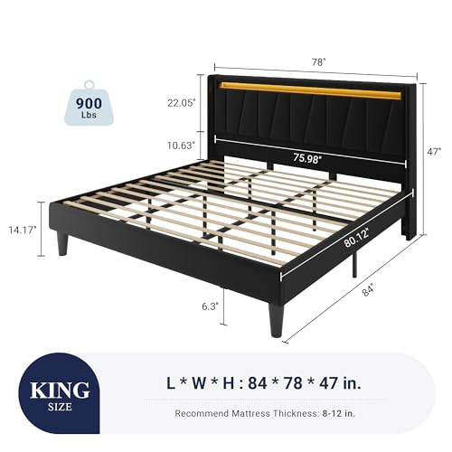 Image of Allewie King Size LED Bed Frame with Charging Station, Velvet Upholstered Platform Bed with Geometric Wingback Headboard, Modern Frame with No Box Spring Needed, Easy Assembly, Black
